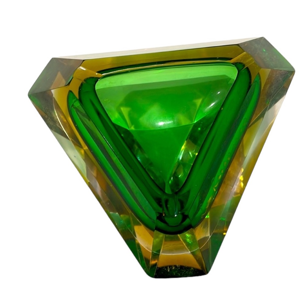 Vintage Faceted Murano Glass Ashtray in Green. Signed.